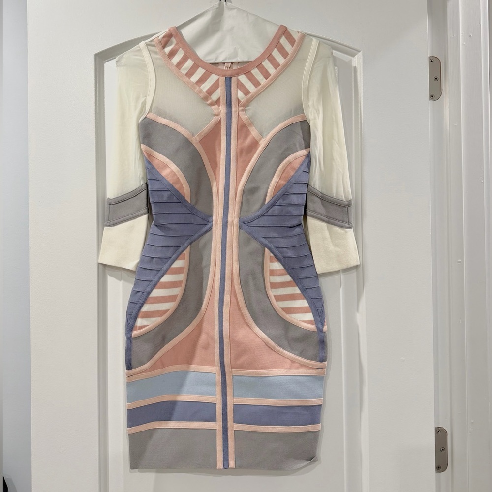 Bodycon Dress in Pink, Lavender & Gray with sheer sleeves and back zipper.